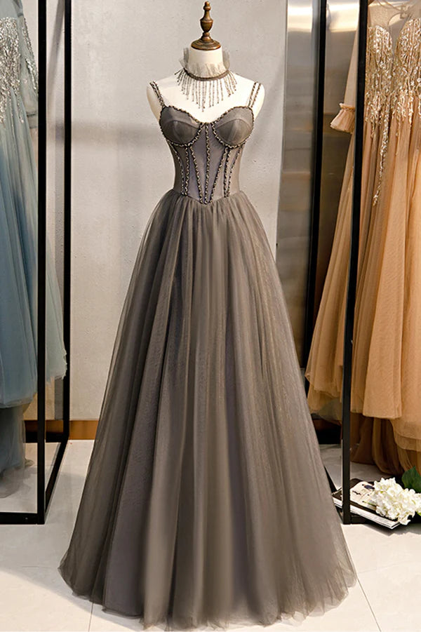 A-Line Tulle Long Prom Dress with Beading Cute Evening Party Dress